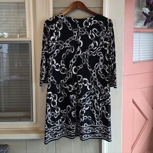 London Times Classic Chain Print Long Sleeve Work Dress Black White Size 6P Rich